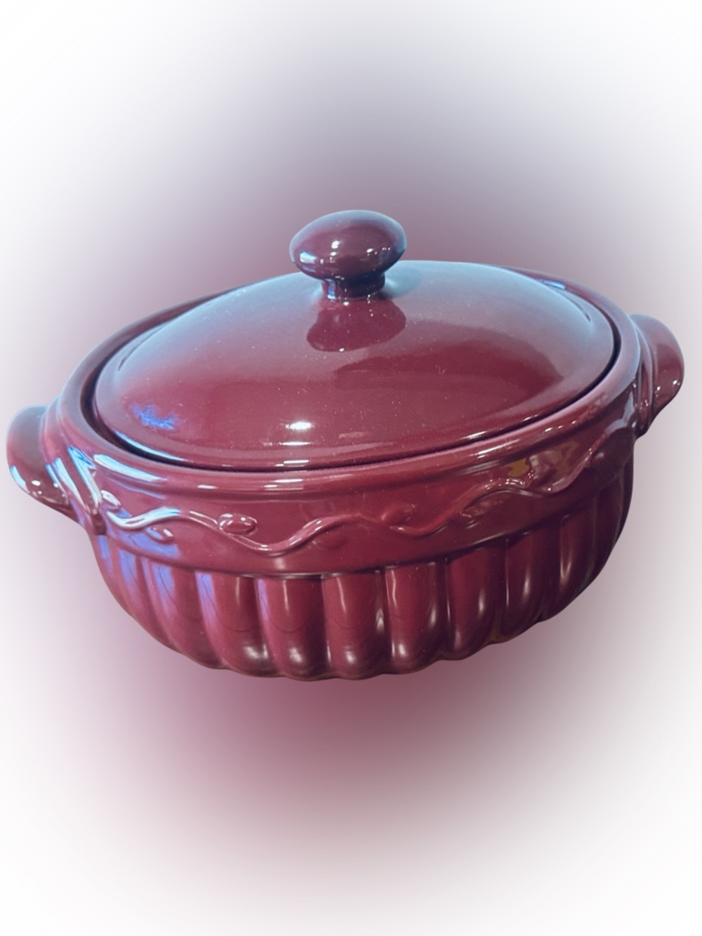 Vtg Home & Garden Cranberry Ceramic Covered Casserole Dish - Bean Pot